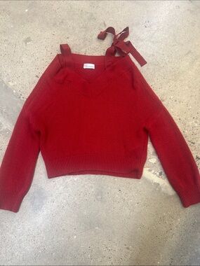RED Valentino Red V-Neck Sweater with Ribbon Shoulder Tie